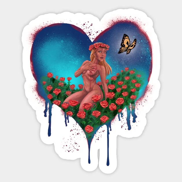 LOVE HEART with BUTTERFLY and ROSES - Graffiti Style (Blue) Sticker by MasterpieceArt